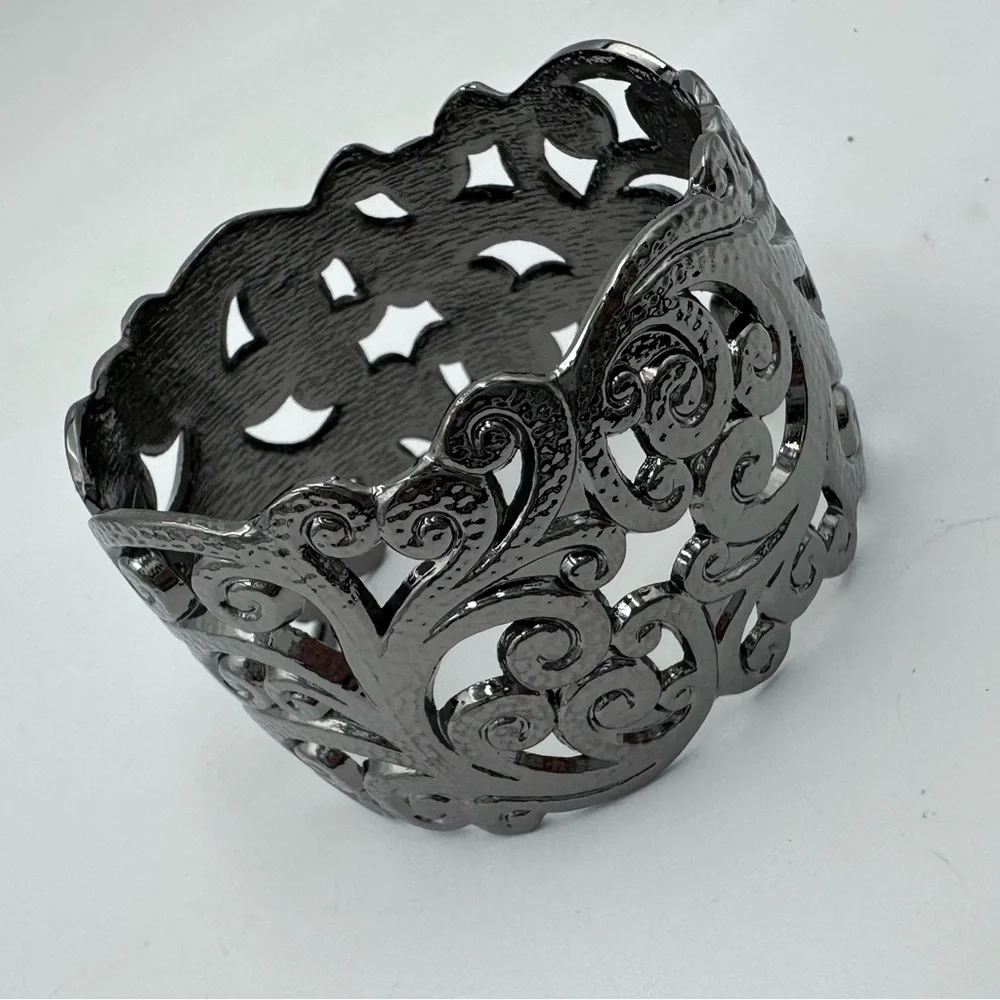Gun Metal Grey Open Swirl Statement Hinged Bangle Bracelet